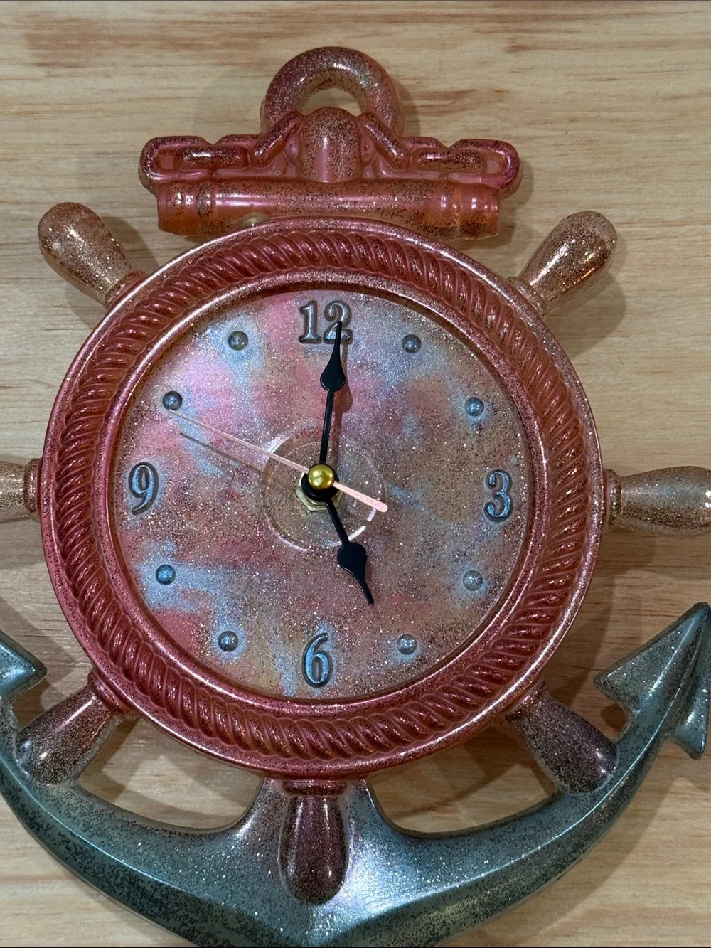 Coastal Ship Wheel Wall Clock in Copper and Teal